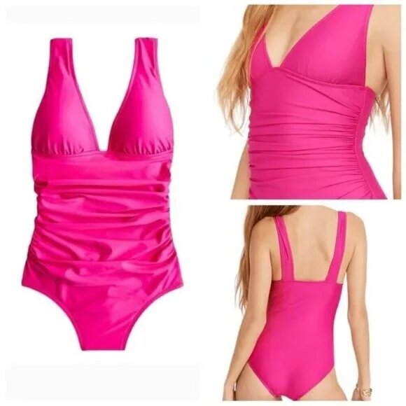 J.Crew Women’s Ruched V Neck One Piece Swimsuit  Radiant Fuchsia BC116 Size 4 - Picture 7 of 7